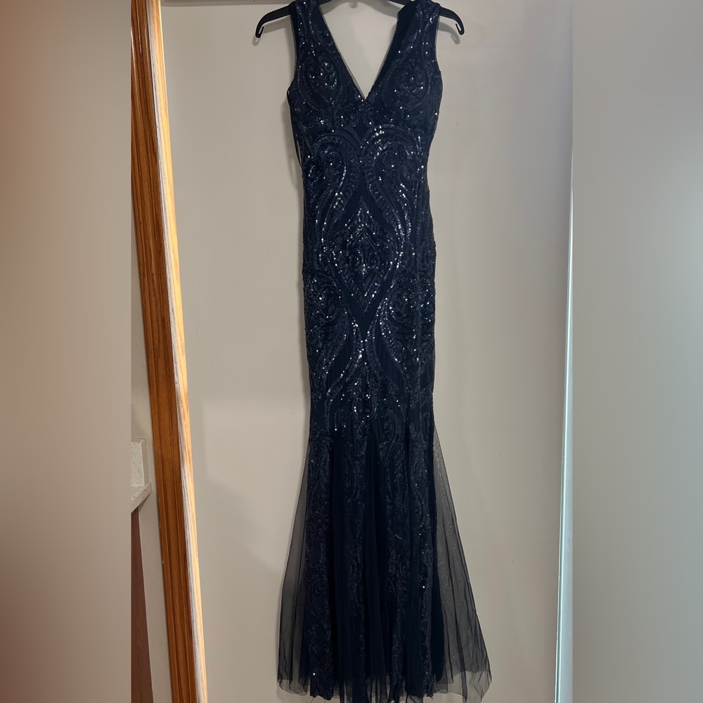 Betsy & Adam Midnight Blue Sequin Maxi Dress